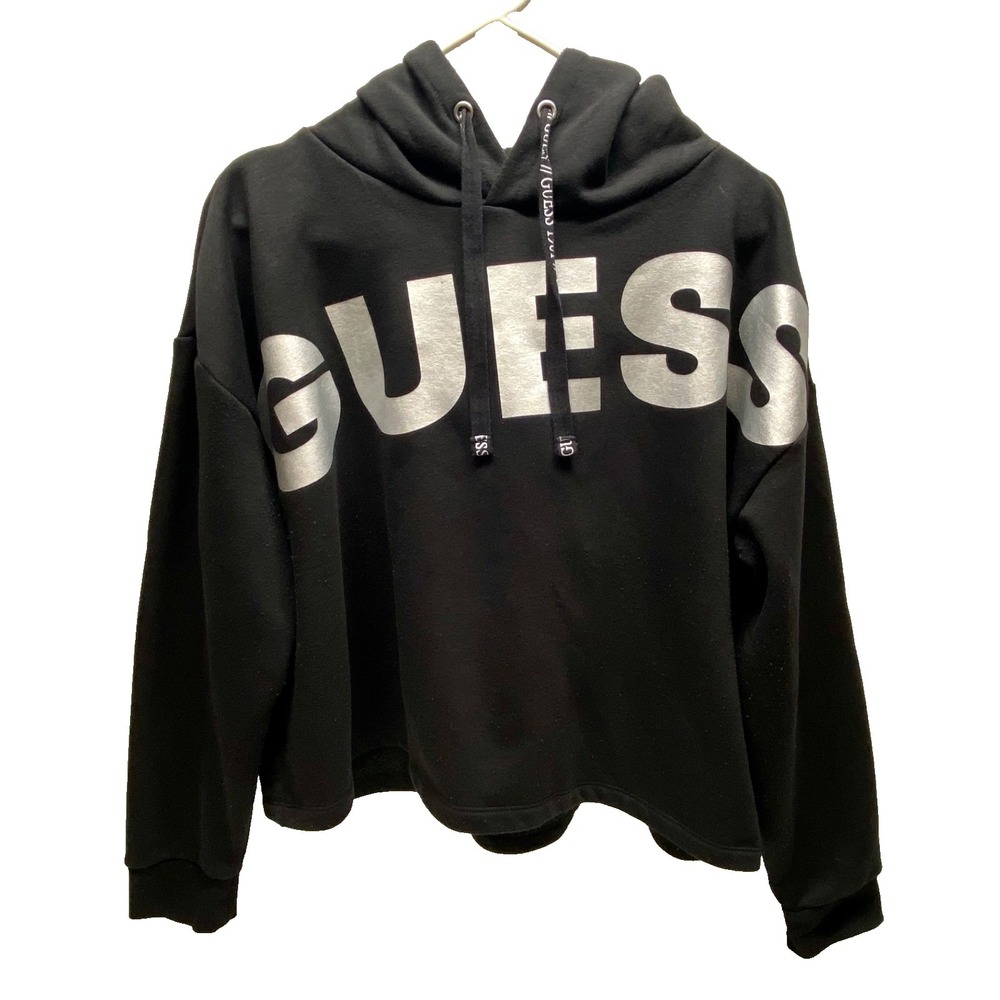 Guess Los Angeles Cropped Hoodie Women's Large Black Silver Oversize Fleece READ